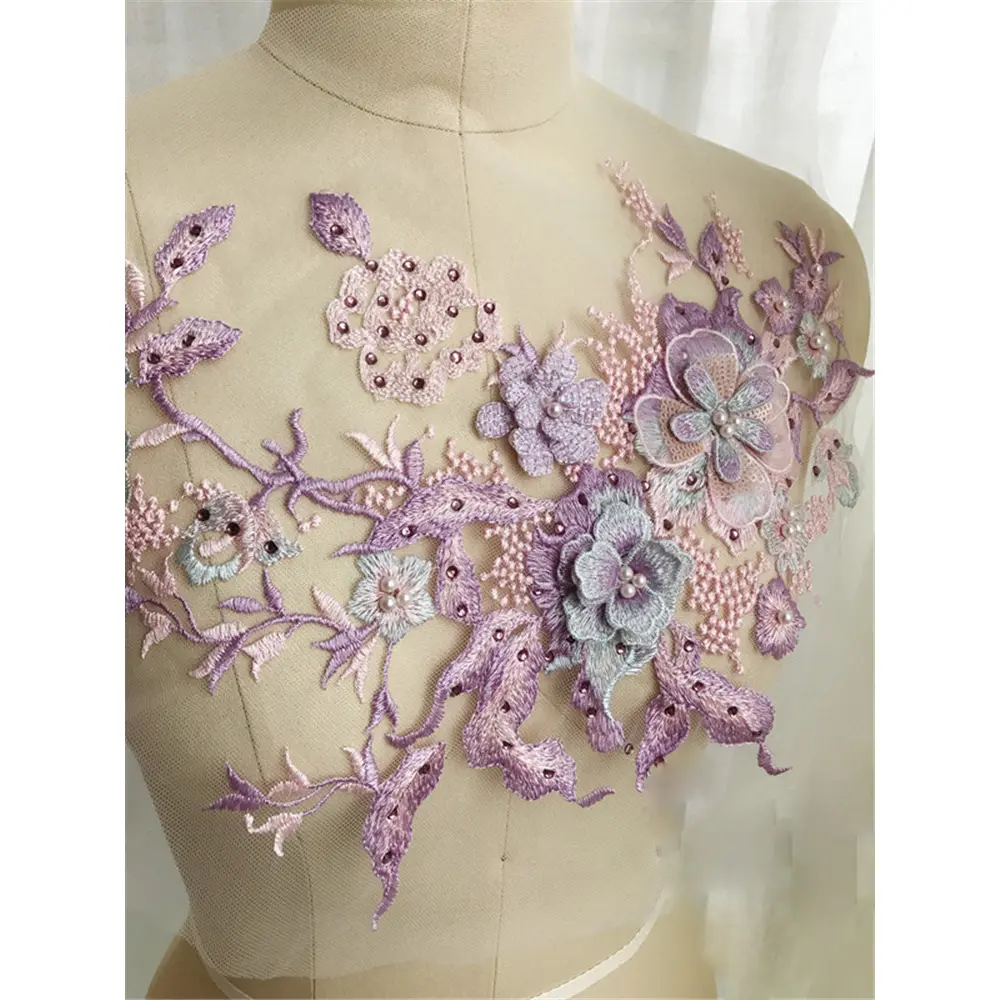 3D Flowers Beaded Pearl Embroidery Patch For Wedding Dress Clothing Sew On Patches DIY Floral Lace Fabrics Applique