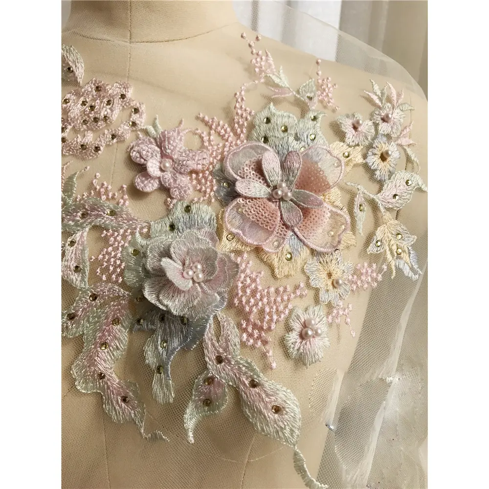 3D Flowers Beaded Pearl Embroidery Patch For Wedding Dress Clothing Sew On Patches DIY Floral Lace Fabrics Applique
