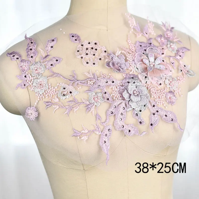 3D Flowers Beaded Pearl Embroidery Patch For Wedding Dress Clothing Sew On Patches DIY Floral Lace Fabrics Applique