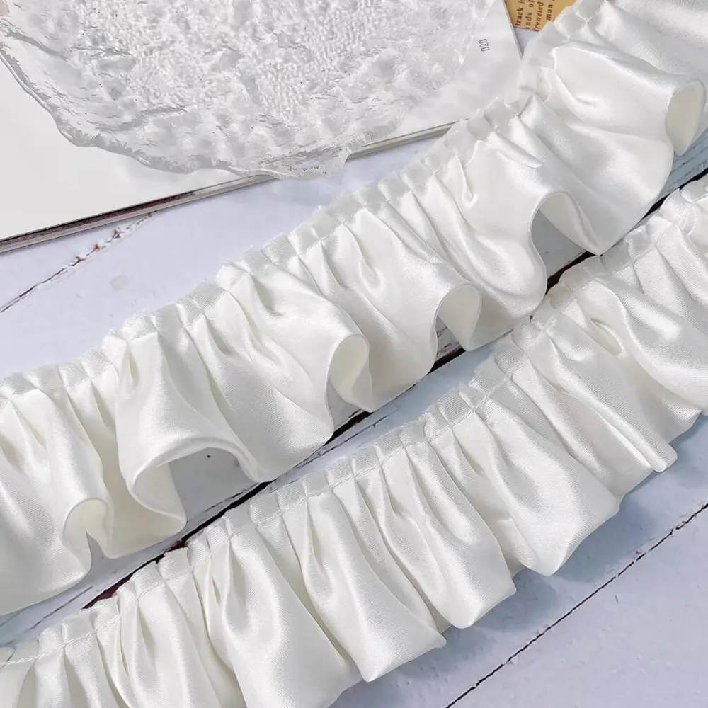 1Yard Glitter Satin Pleated Lace Fabirc Embroidered Ribbon Ruffle Trim Dolls Collar DIY 6cm WideSewing Decor