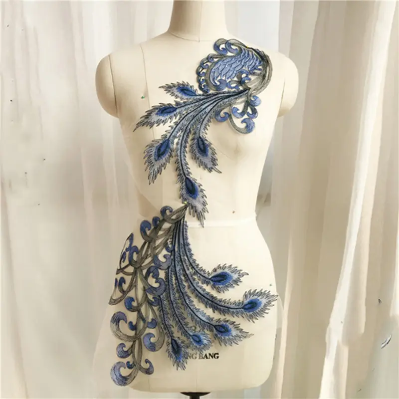 Blue Frence Fabric Lace Trimmings Sequins Patches Designs Appliques For Prom Ball Gown Wedding Dress Costumes Diy Party