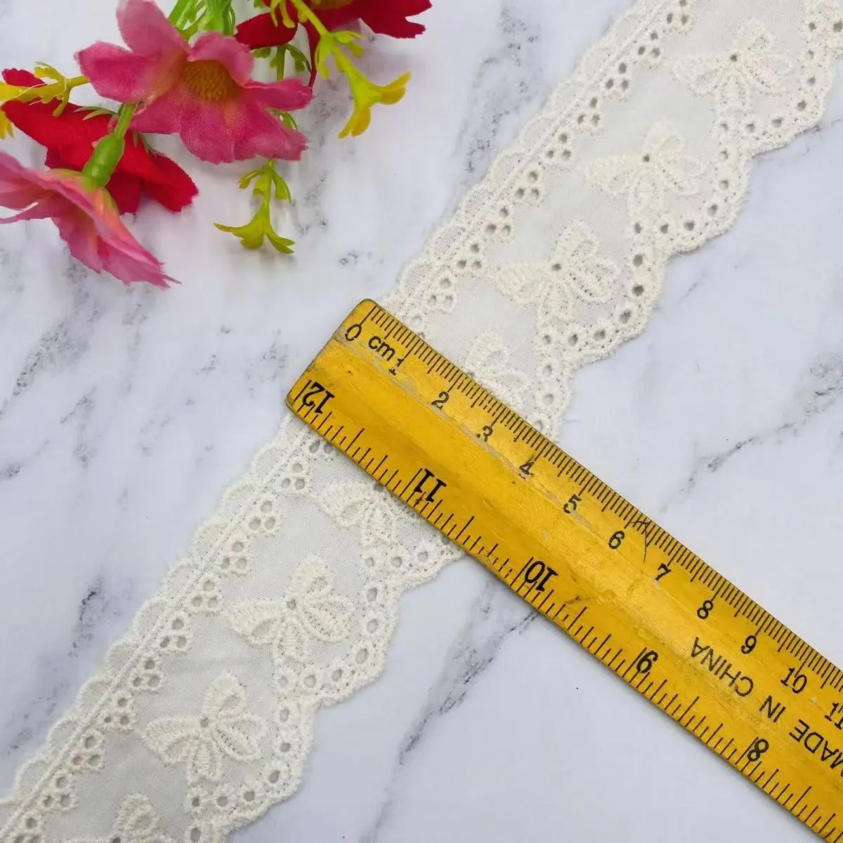 2 Yards White Beige Embroidery Bow Hollow Out Lace Fabric Wedding Home Decor Handmade Sewing Trim DIY Crafts