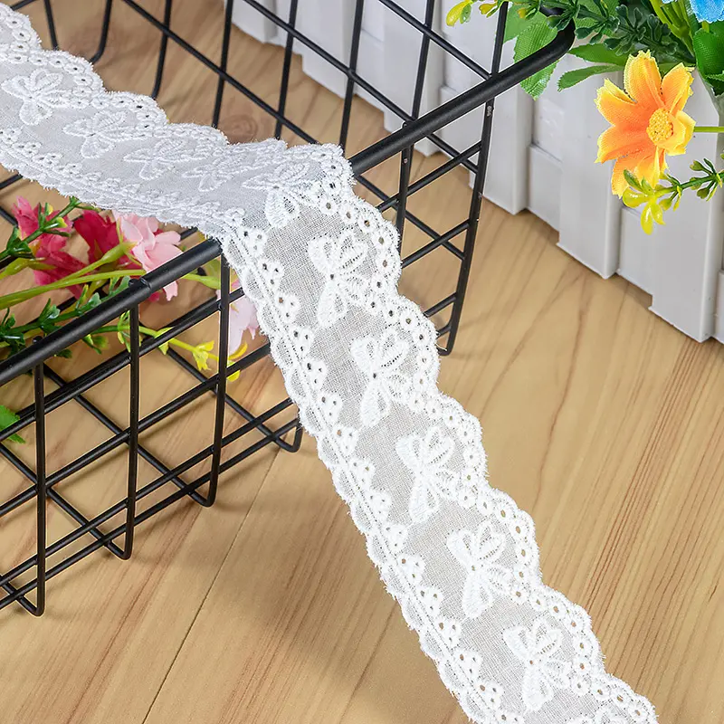 2 Yards White Beige Embroidery Bow Hollow Out Lace Fabric Wedding Home Decor Handmade Sewing Trim DIY Crafts