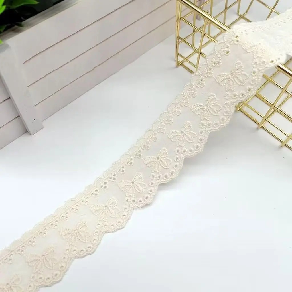 2 Yards White Beige Embroidery Bow Hollow Out Lace Fabric Wedding Home Decor Handmade Sewing Trim DIY Crafts