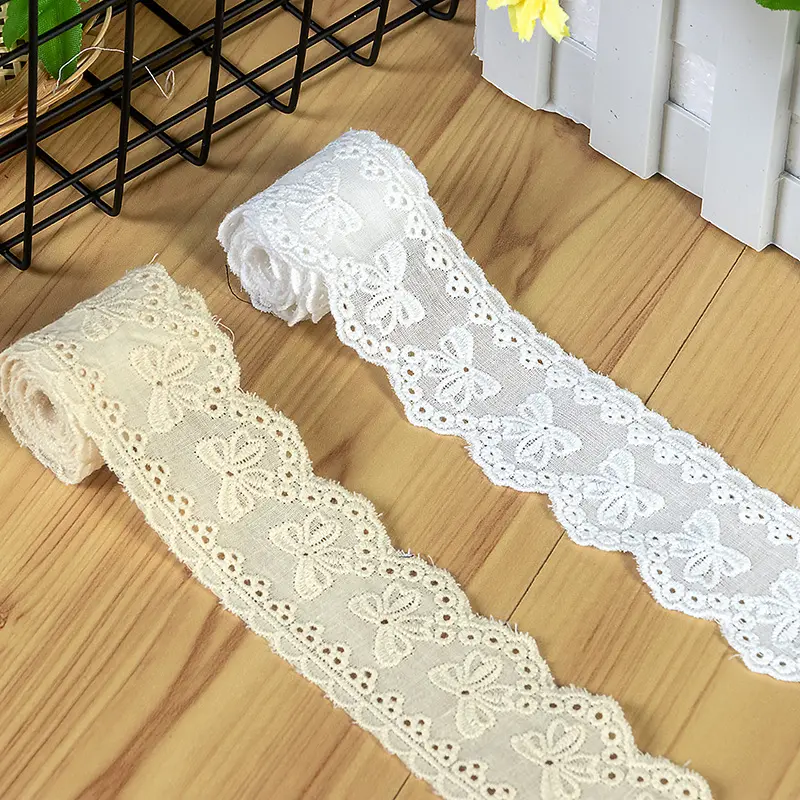 2 Yards White Beige Embroidery Bow Hollow Out Lace Fabric Wedding Home Decor Handmade Sewing Trim DIY Crafts