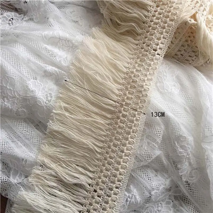 2 Yards Beige Tassel Ribbon Cotton Embroidery Lace Fabric Trim Fringes For Bed Clothes Curtains Home Handmade Sewing Crafts