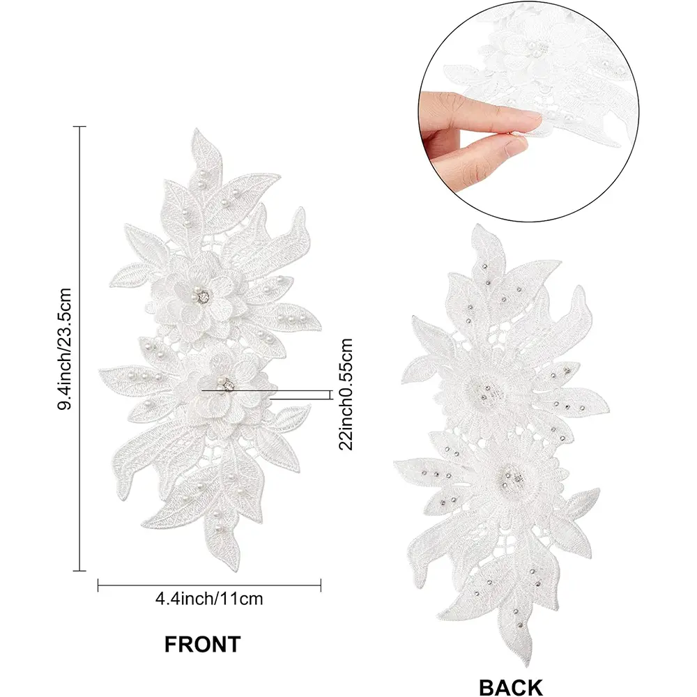 1 Pair 3D White Black Floral Embroidered Lace Applique Flower Bead Patches Repair