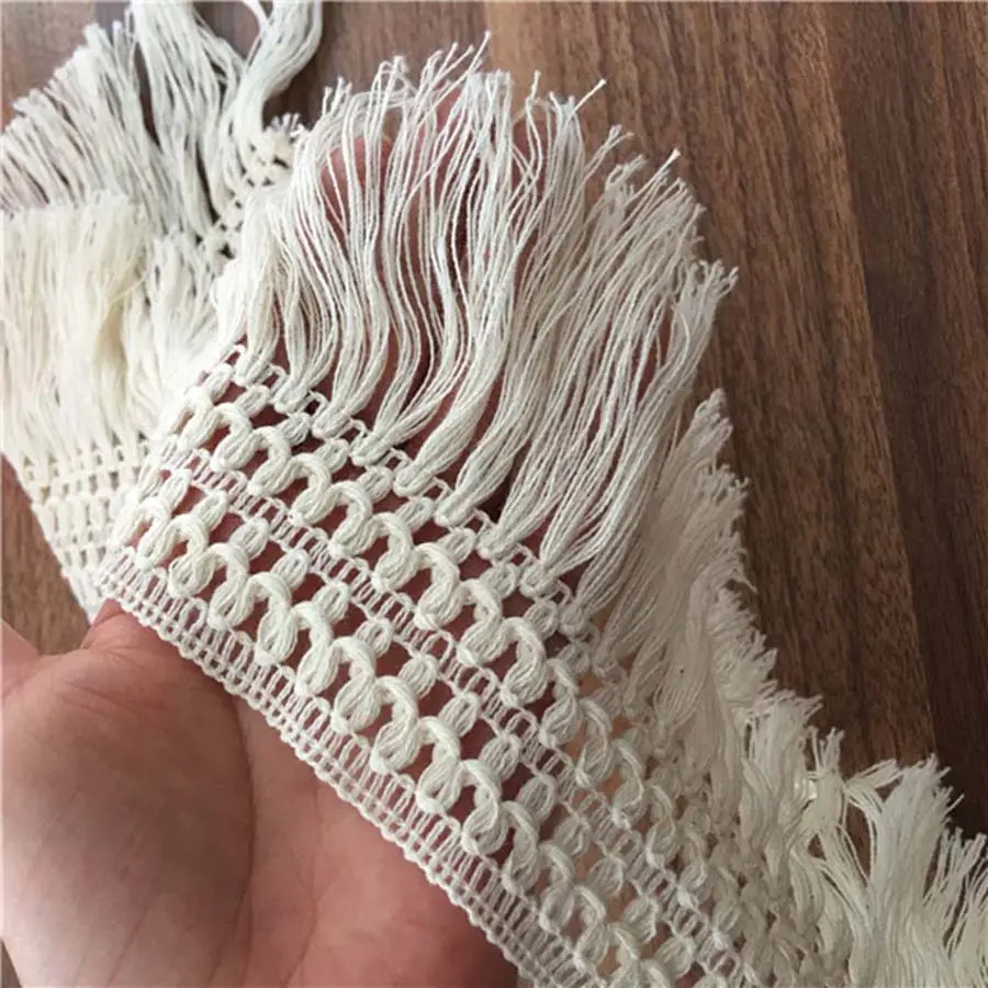 2 Yards Beige Tassel Ribbon Cotton Embroidery Lace Fabric Trim Fringes For Bed Clothes Curtains Home Handmade Sewing Crafts