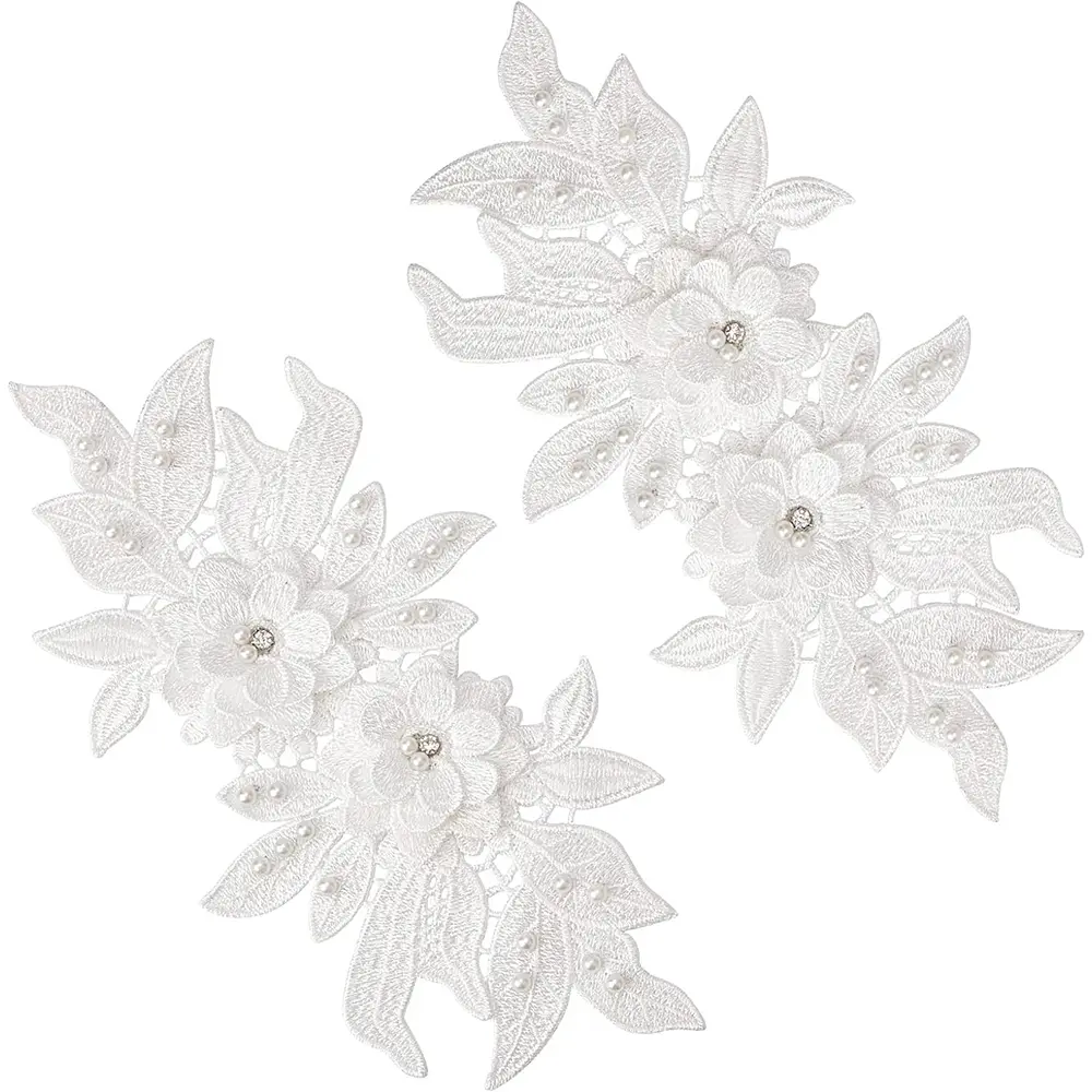 1 Pair 3D White Black Floral Embroidered Lace Applique Flower Bead Patches Repair