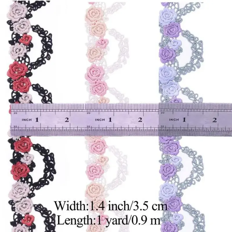 1Yard Pink Blue Flower Embroidered Lace Fabric DIY Wedding Dress Sewing Crafts 3.5CM Wide