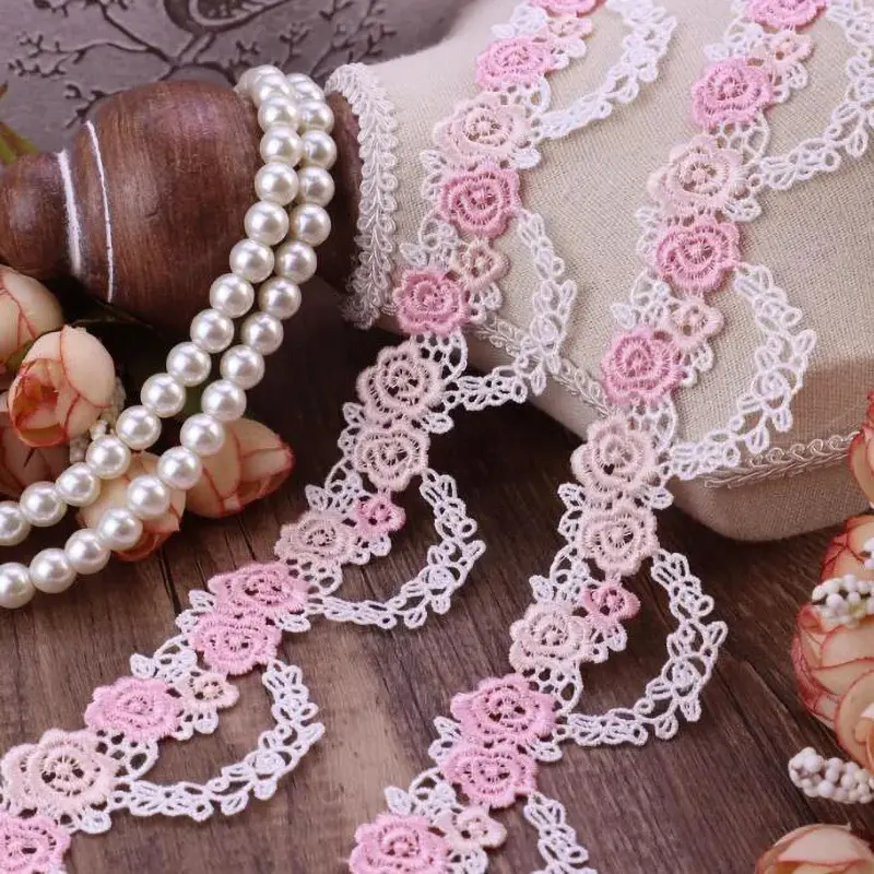 1Yard Pink Blue Flower Embroidered Lace Fabric DIY Wedding Dress Sewing Crafts 3.5CM Wide