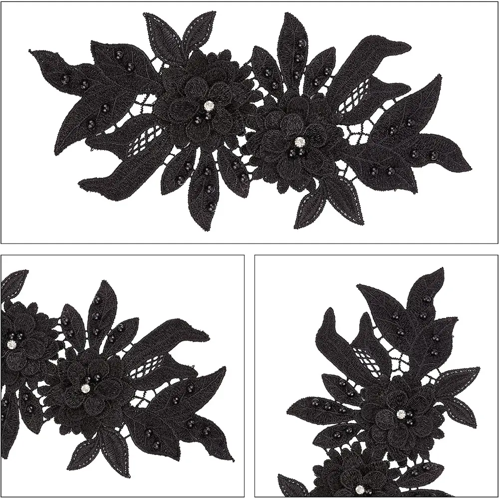 1 Pair 3D White Black Floral Embroidered Lace Applique Flower Bead Patches Repair