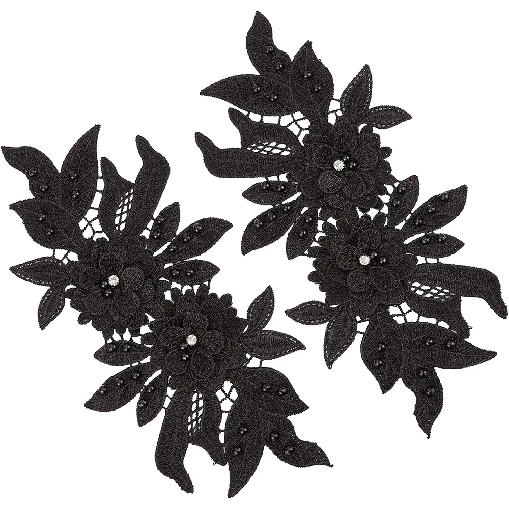 1 Pair 3D White Black Floral Embroidered Lace Applique Flower Bead Patches Repair