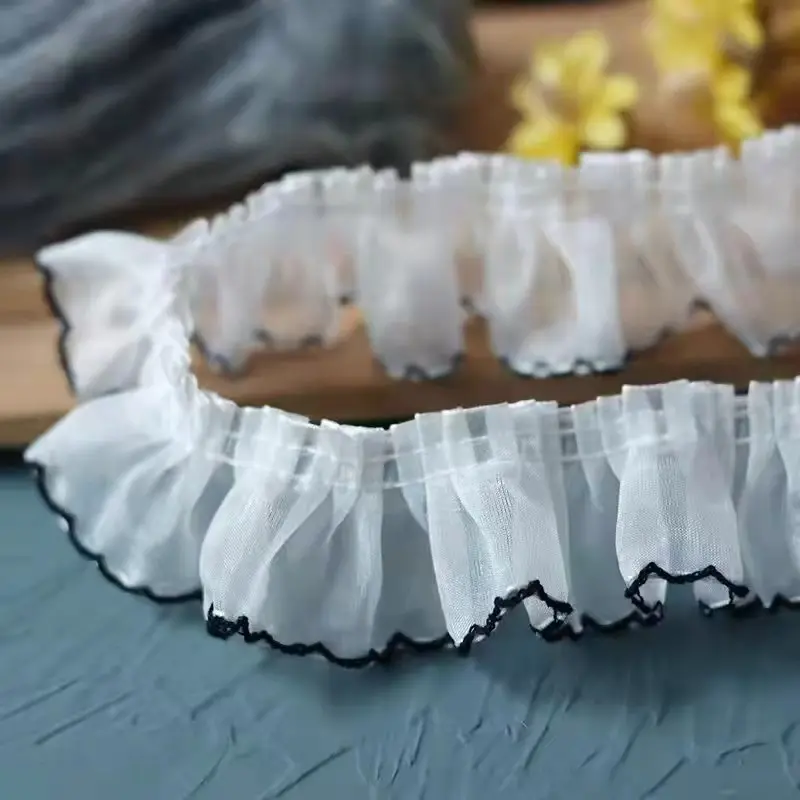 2Yards White Black Organza Pleated Fabric Lace Ruffle Trim Embroidery Fringe Ribbon DIY Apparel Sewing Guipure Decor 4CM Wide