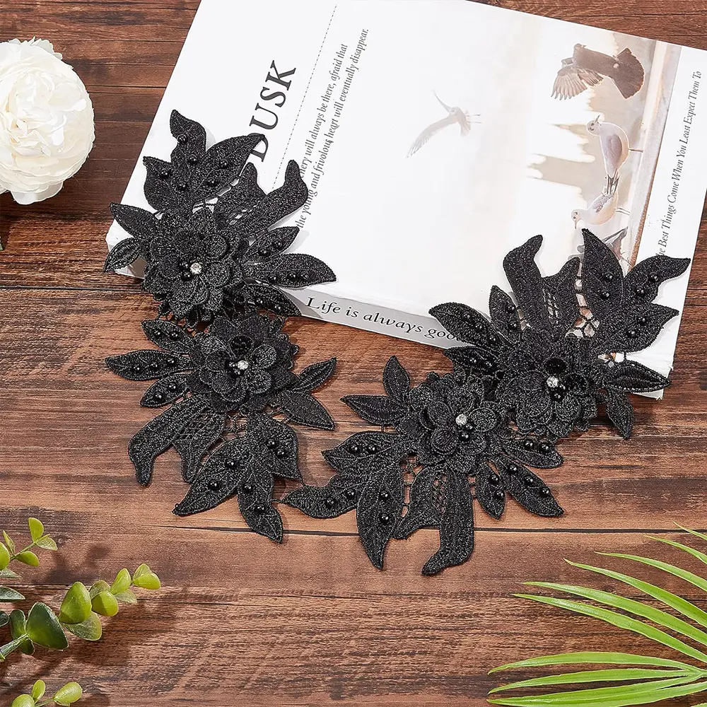 1 Pair 3D White Black Floral Embroidered Lace Applique Flower Bead Patches Repair