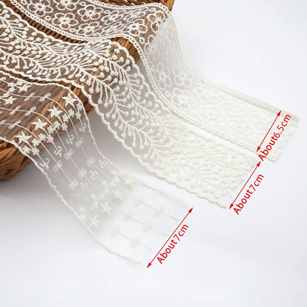 2 Yards Beige Mesh Gauze Bow Embroidery Lace Fabric Sewing DIY Wedding Decoration Gift Package Trim Headdress Accessories Crafts