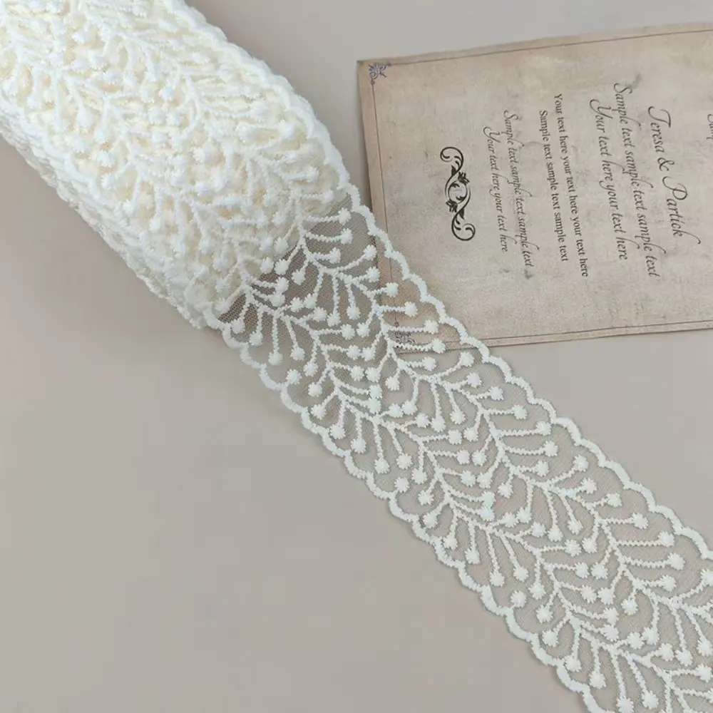 2 Yards Beige Mesh Gauze Bow Embroidery Lace Fabric Sewing DIY Wedding Decoration Gift Package Trim Headdress Accessories Crafts
