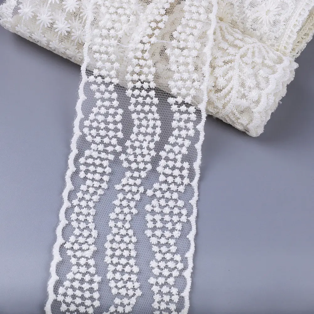 2 Yards Beige Mesh Gauze Bow Embroidery Lace Fabric Sewing DIY Wedding Decoration Gift Package Trim Headdress Accessories Crafts