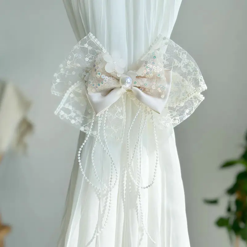 2 Yards Beige Mesh Gauze Bow Embroidery Lace Fabric Sewing DIY Wedding Decoration Gift Package Trim Headdress Accessories Crafts
