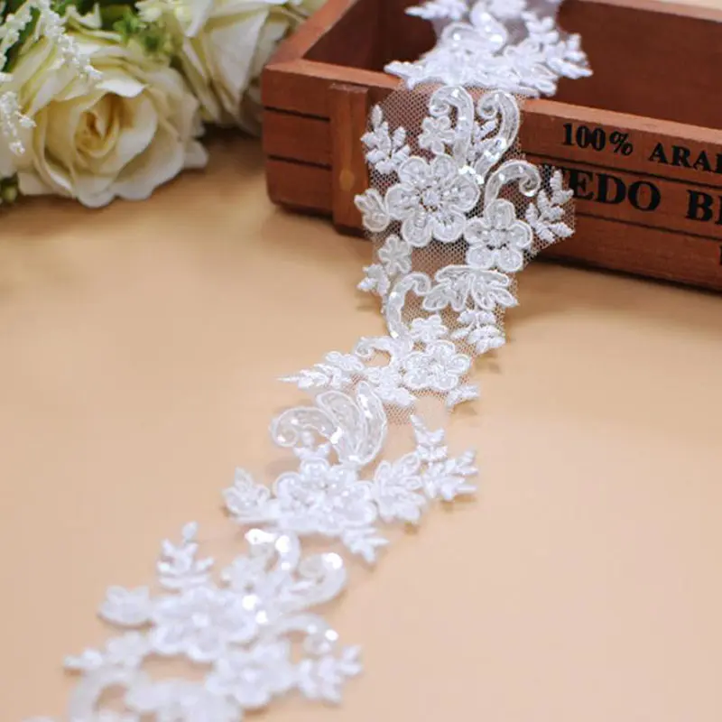 1 Yard Embroidery Lace Fabric Appliques For Wedding Dresses Rhinestone 4CM Wide