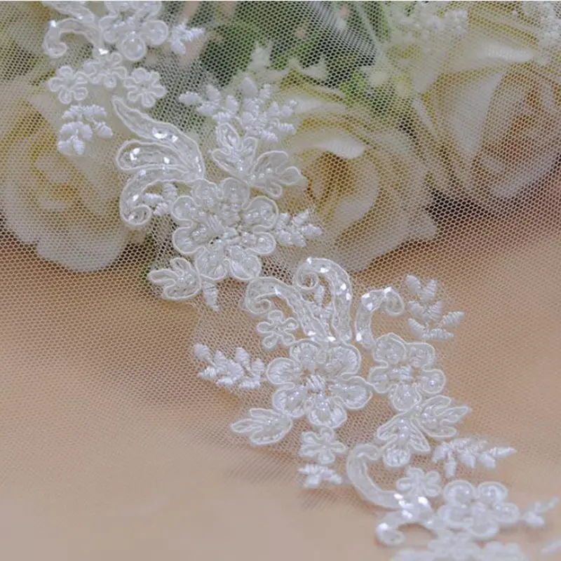 1 Yard Embroidery Lace Fabric Appliques For Wedding Dresses Rhinestone 4CM Wide