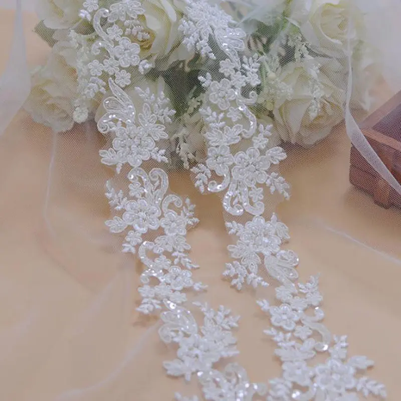 1 Yard Embroidery Lace Fabric Appliques For Wedding Dresses Rhinestone 4CM Wide