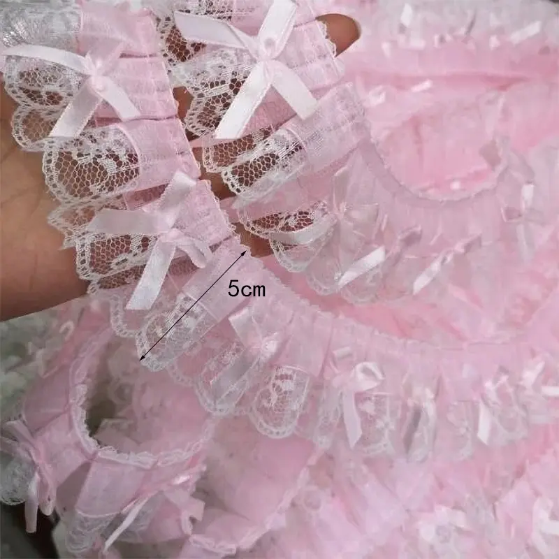 1Yard Pink Ruffle Wave Bow Embroidery Lace Fabric Trim DIY Clothing Wedding Home Gift Decoration Handmade Sewing Crafts Supplies