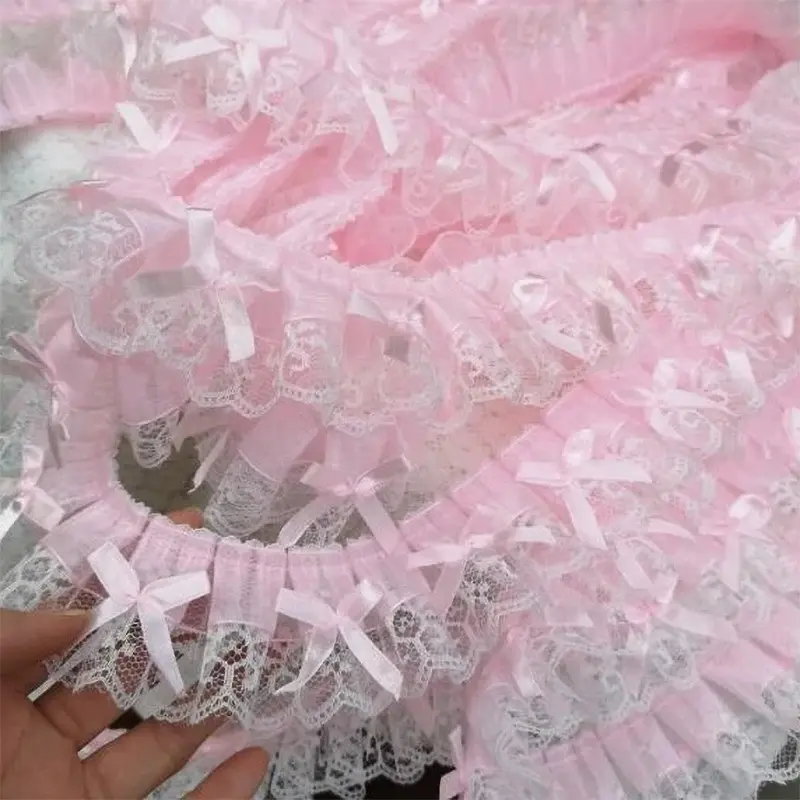 1Yard Pink Ruffle Wave Bow Embroidery Lace Fabric Trim DIY Clothing Wedding Home Gift Decoration Handmade Sewing Crafts Supplies