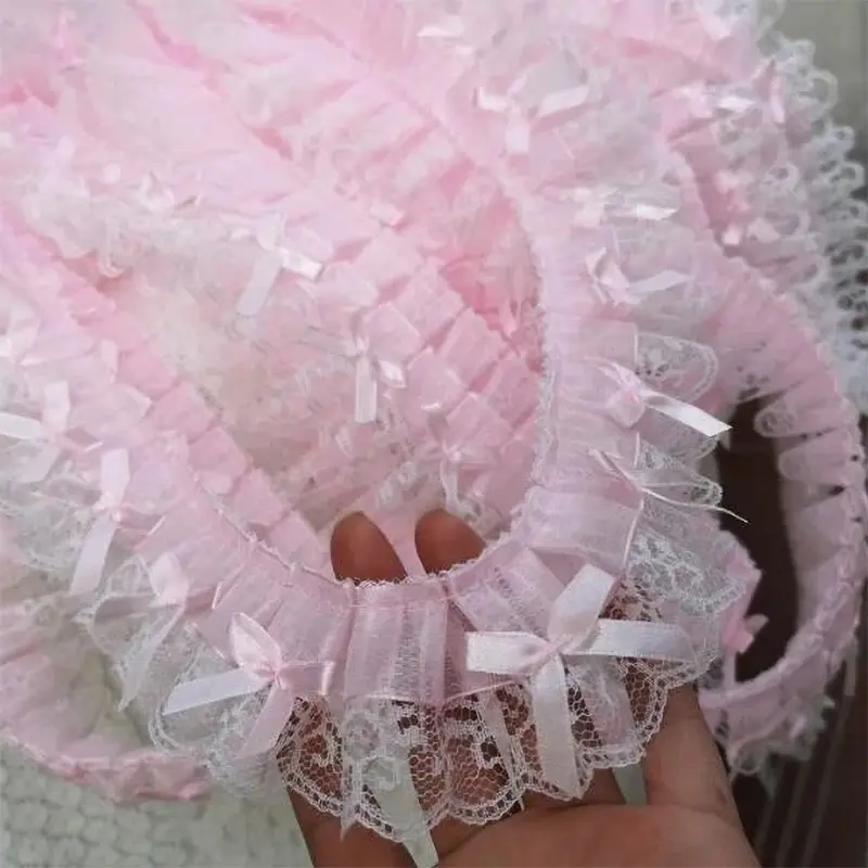 1Yard Pink Ruffle Wave Bow Embroidery Lace Fabric Trim DIY Clothing Wedding Home Gift Decoration Handmade Sewing Crafts Supplies