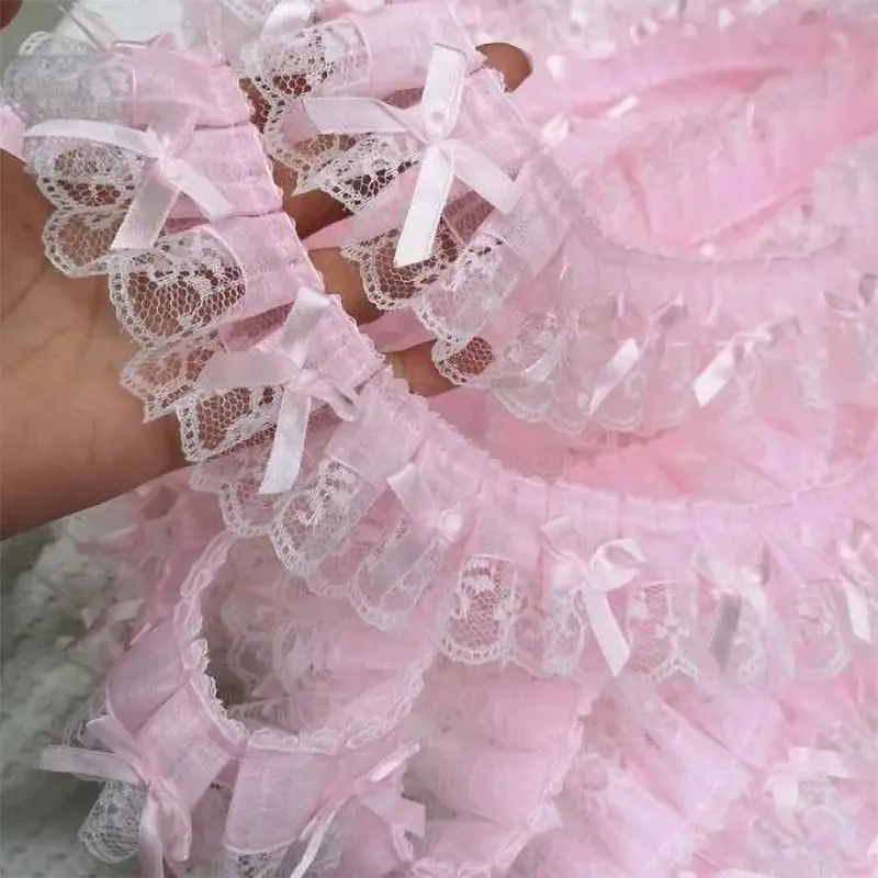 1Yard Pink Ruffle Wave Bow Embroidery Lace Fabric Trim DIY Clothing Wedding Home Gift Decoration Handmade Sewing Crafts Supplies