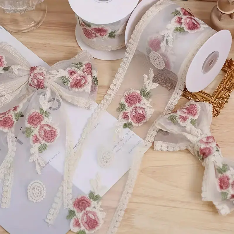 1Yard Pink Floral Embroidered Lace Fabric Trim for Crafts