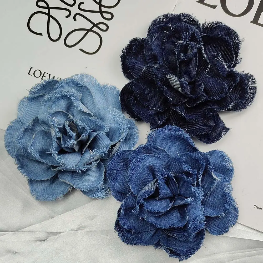 1 Piece Handmade Camellia  Flower Multilayer Denim Patch Fabric Headdress Repair  Accessories Decoration