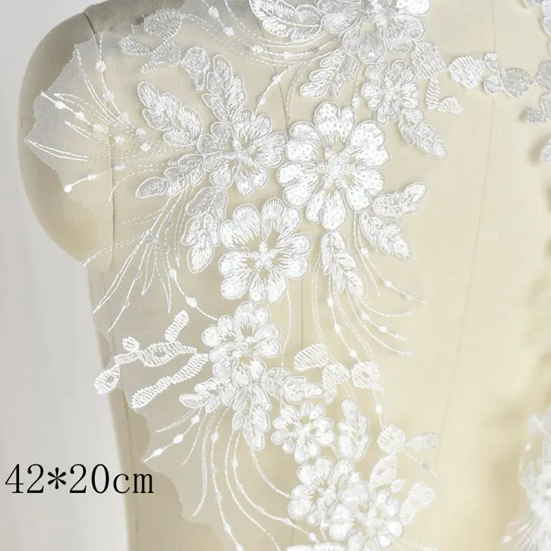 1Pair Sequins Beaded Pure White Red Black Flower Embroidery Lace Patch Trim Lace Luxury Bridal Wedding Dress Applique Crafts