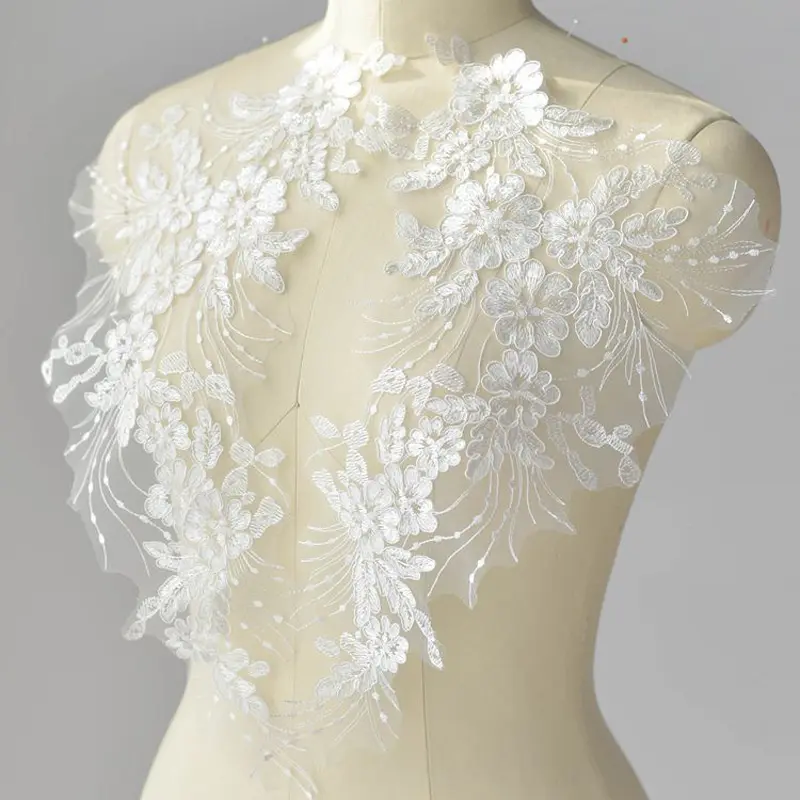 1Pair Sequins Beaded Pure White Red Black Flower Embroidery Lace Patch Trim Lace Luxury Bridal Wedding Dress Applique Crafts