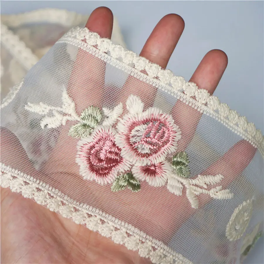 1Yard Pink Floral Embroidered Lace Fabric Trim for Crafts