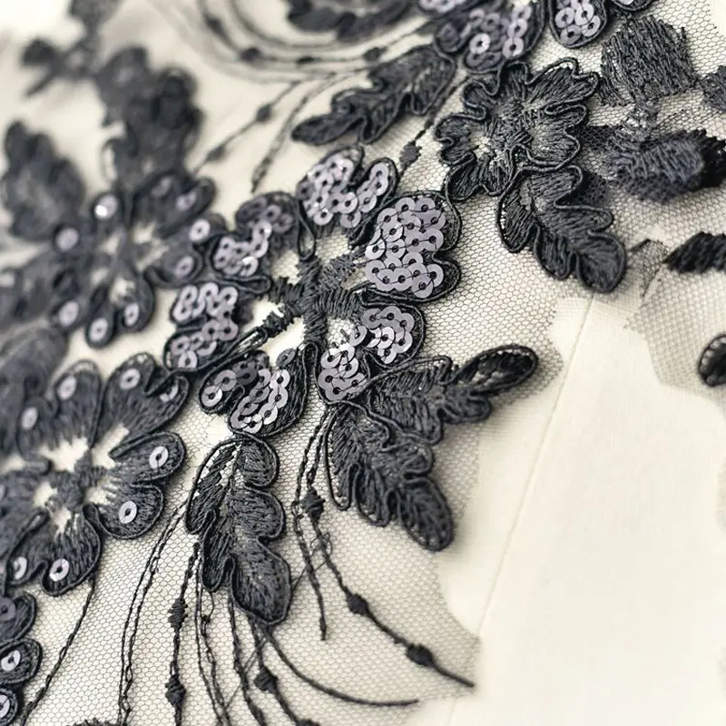 1Pair Sequins Beaded Pure White Red Black Flower Embroidery Lace Patch Trim Lace Luxury Bridal Wedding Dress Applique Crafts