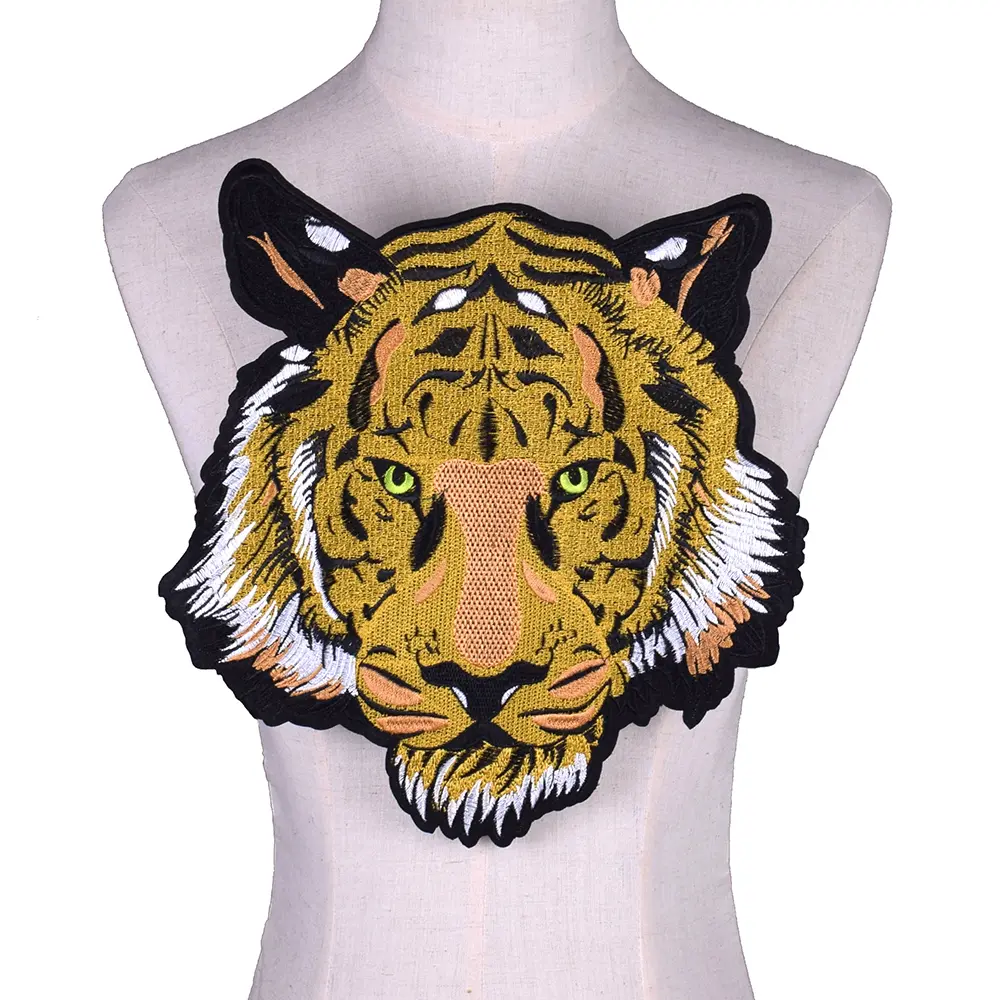 1 Pcs Gold Tiger Head Embroidery Patch Iron On Cloth Sticker DIY Coat Decoration Back Label Large Patch