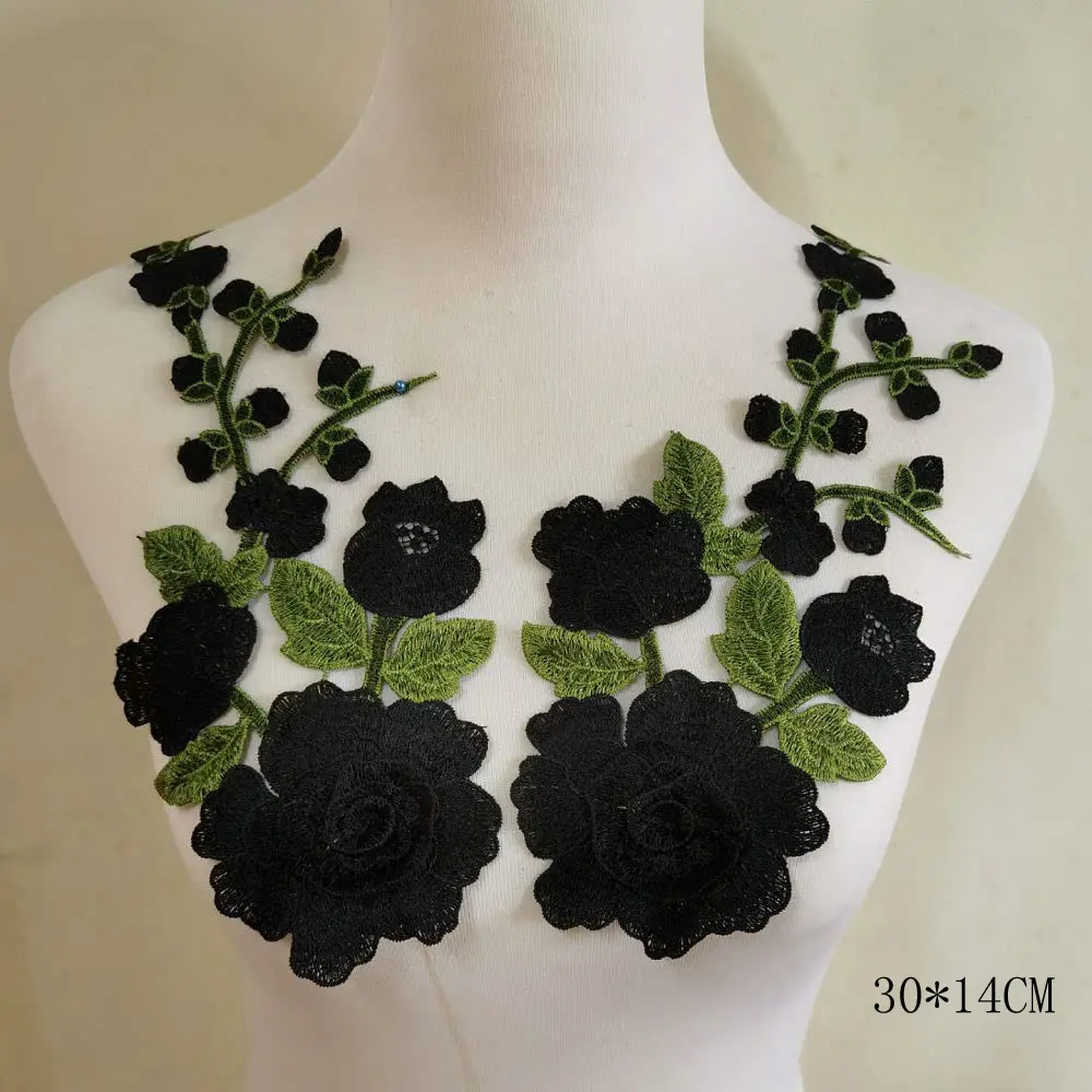 2Pcs/Set 3D Flower Embroidery Applique Patch For Evening Skirt Clothes Lace Collar Decoration Patch Sewing On Accessories