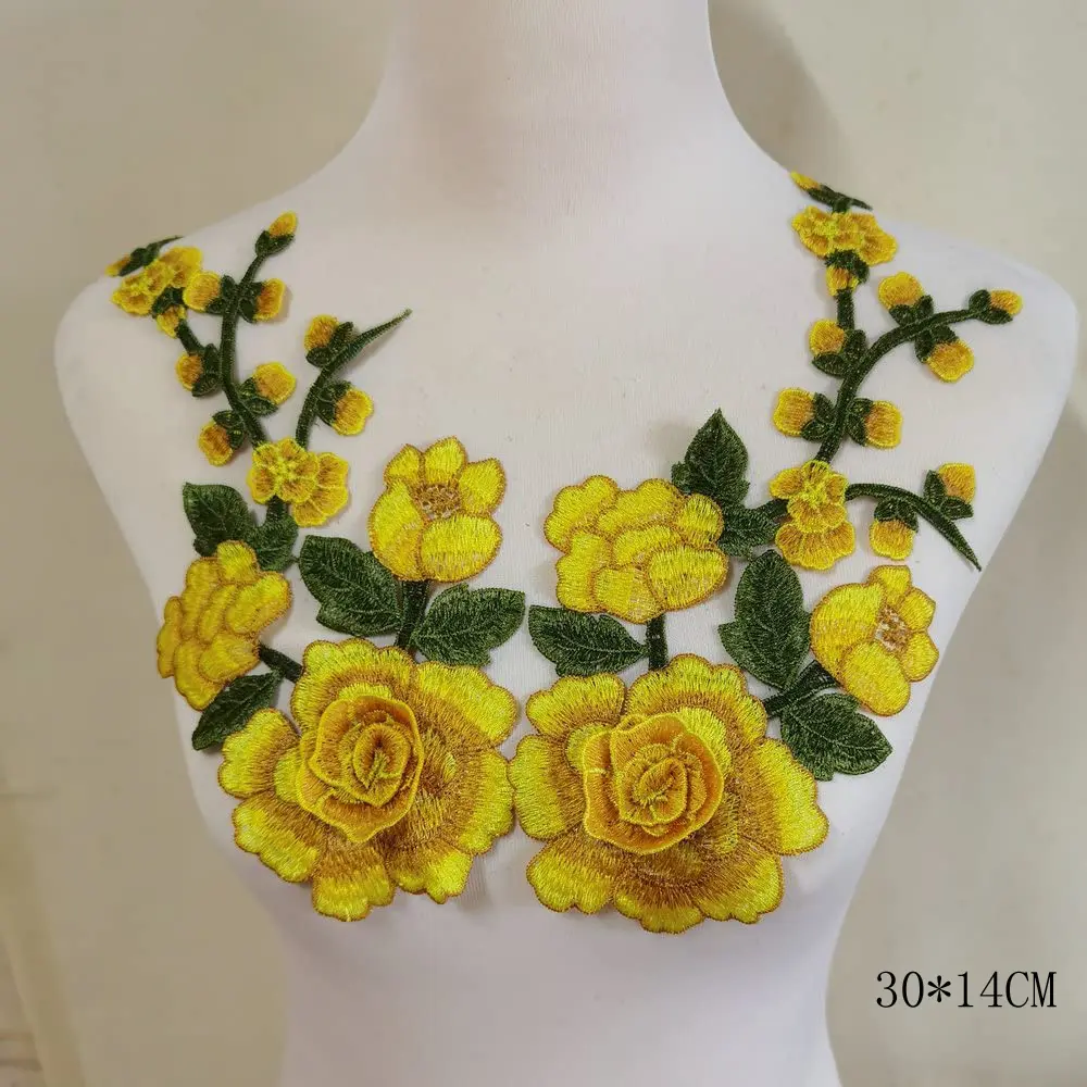 2Pcs/Set 3D Flower Embroidery Applique Patch For Evening Skirt Clothes Lace Collar Decoration Patch Sewing On Accessories