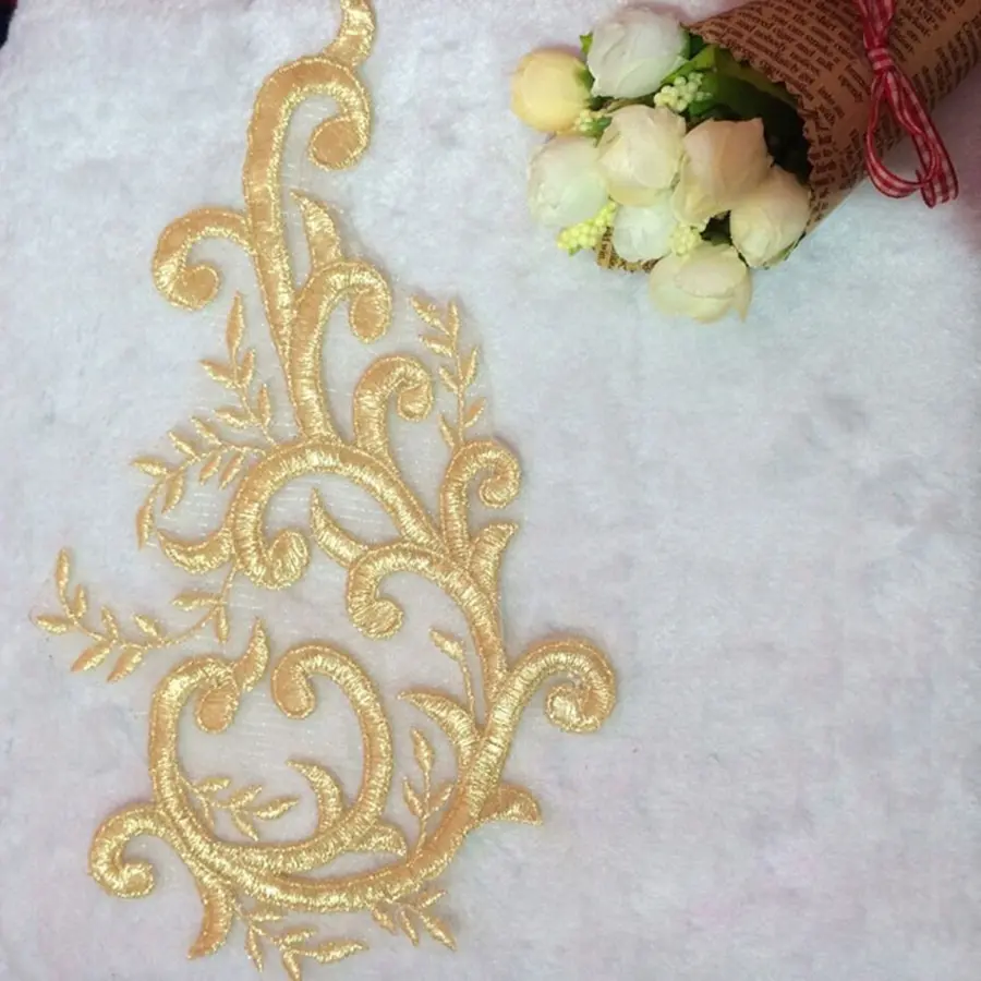 1 Pair Golden Thread Soft Lace Applique Handmade Lace Flower Patch Bride Wedding Dress diy Accessories Repair