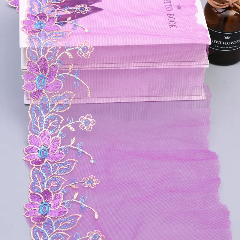 1 Yard Purple Floral Lace Trim Embroidered Sewing Lace Fabric for DIY Craft 21CM Wide