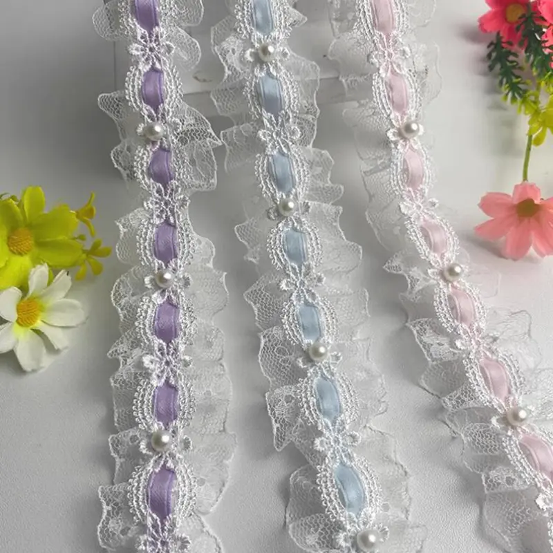 1 Yard Lolita lace Lvory Bead Ruffled Lace Fabric Edging Satin Ribbon DIY Clothing Curtains Furniture Decorations 3.5cm Wide