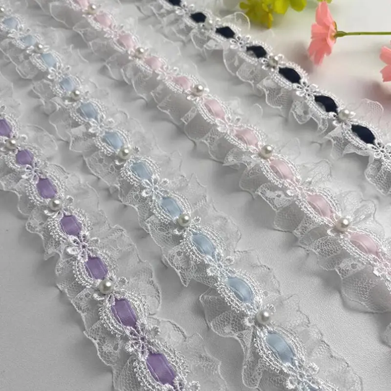1 Yard Lolita lace Lvory Bead Ruffled Lace Fabric Edging Satin Ribbon DIY Clothing Curtains Furniture Decorations 3.5cm Wide