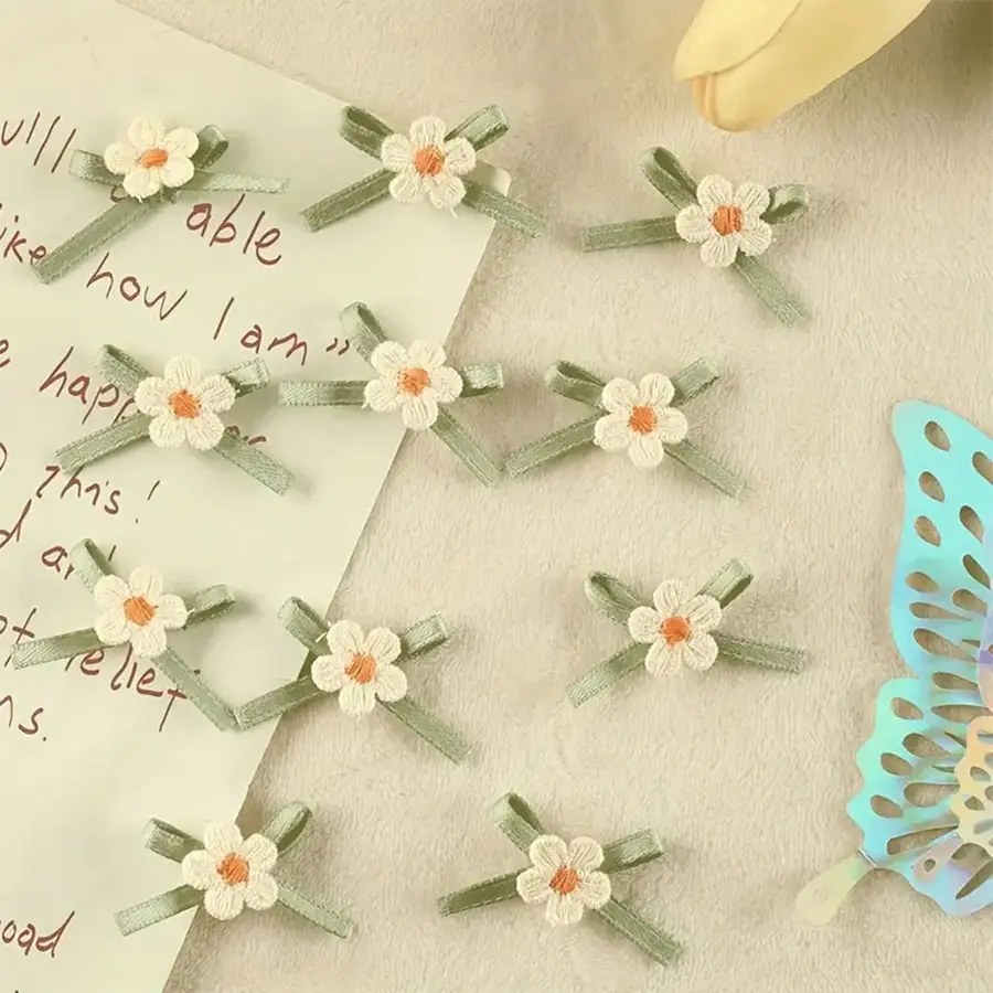 10 Pieces Of White Handmade Ribbon Flower Bow Embroidery Patch Fabric Clothing Bags Headwear Iron On Accessories Gift  Decor