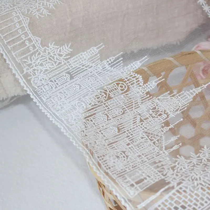 1 Yard Black White Castle Embroidered Tulle Mesh Lace Fabric Wedding Dress Curtains Sewing Accessories17.3CM Wide