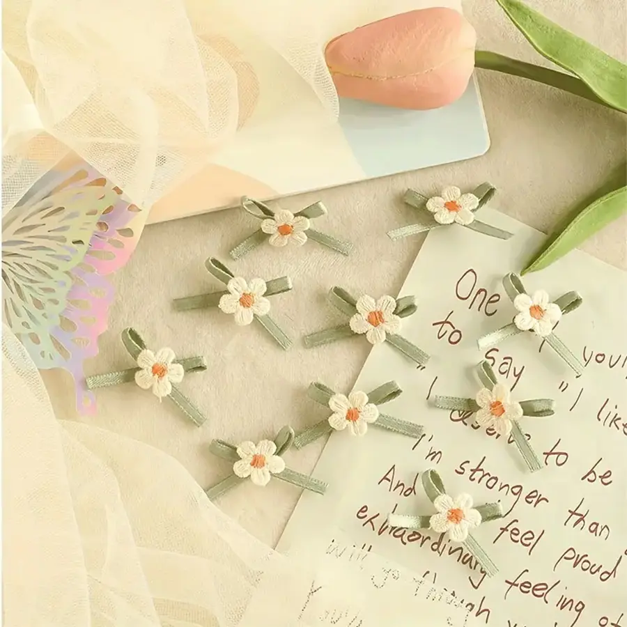 10 Pieces Of White Handmade Ribbon Flower Bow Embroidery Patch Fabric Clothing Bags Headwear Iron On Accessories Gift  Decor