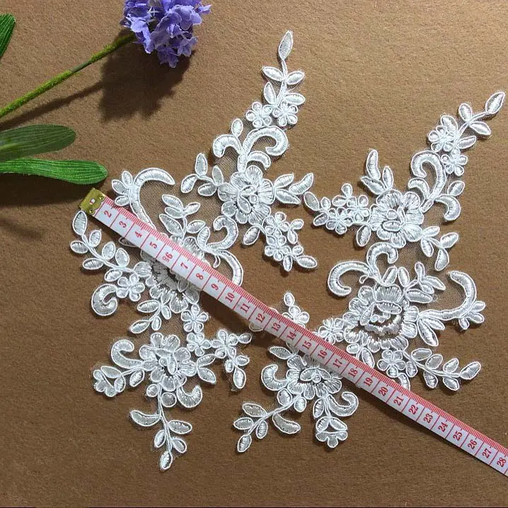 2Pcs Lace Flower Patch Sew-On Applique Champagne For Women Cheongsam Wedding Veil Stage Dress