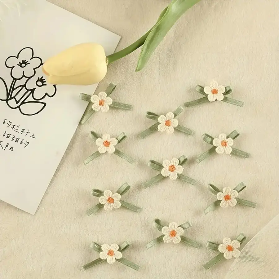 10 Pieces Of White Handmade Ribbon Flower Bow Embroidery Patch Fabric Clothing Bags Headwear Iron On Accessories Gift  Decor