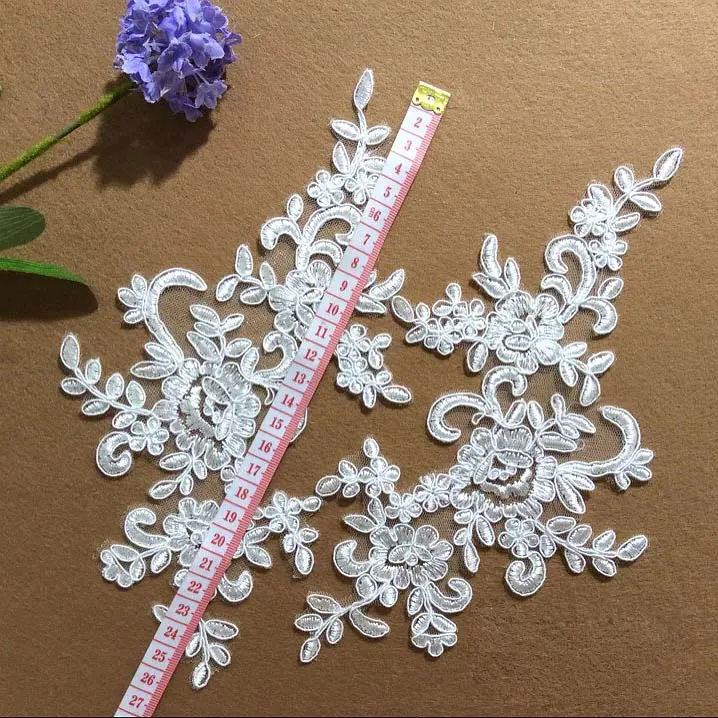 2Pcs Lace Flower Patch Sew-On Applique Champagne For Women Cheongsam Wedding Veil Stage Dress