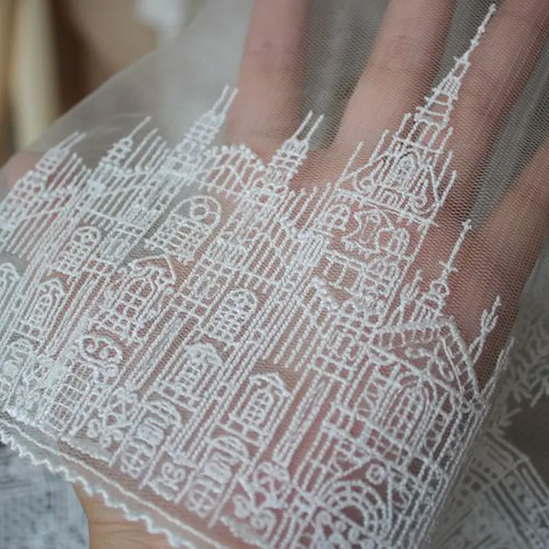 1 Yard Black White Castle Embroidered Tulle Mesh Lace Fabric Wedding Dress Curtains Sewing Accessories17.3CM Wide